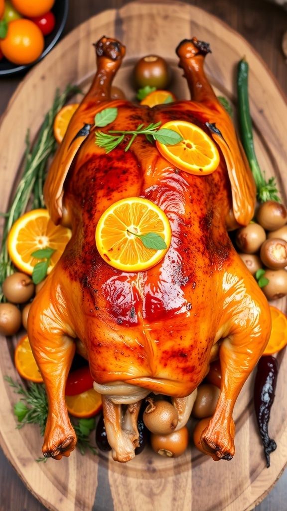 Crispy roast duck garnished with herbs and orange slices on a wooden platter with roasted vegetables.